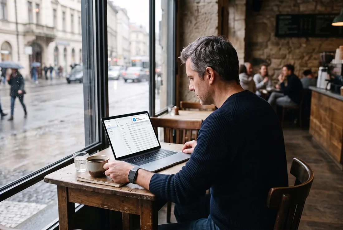 A shop owner at a caf&eacute; table; a priceq notification has just popped up on his laptop