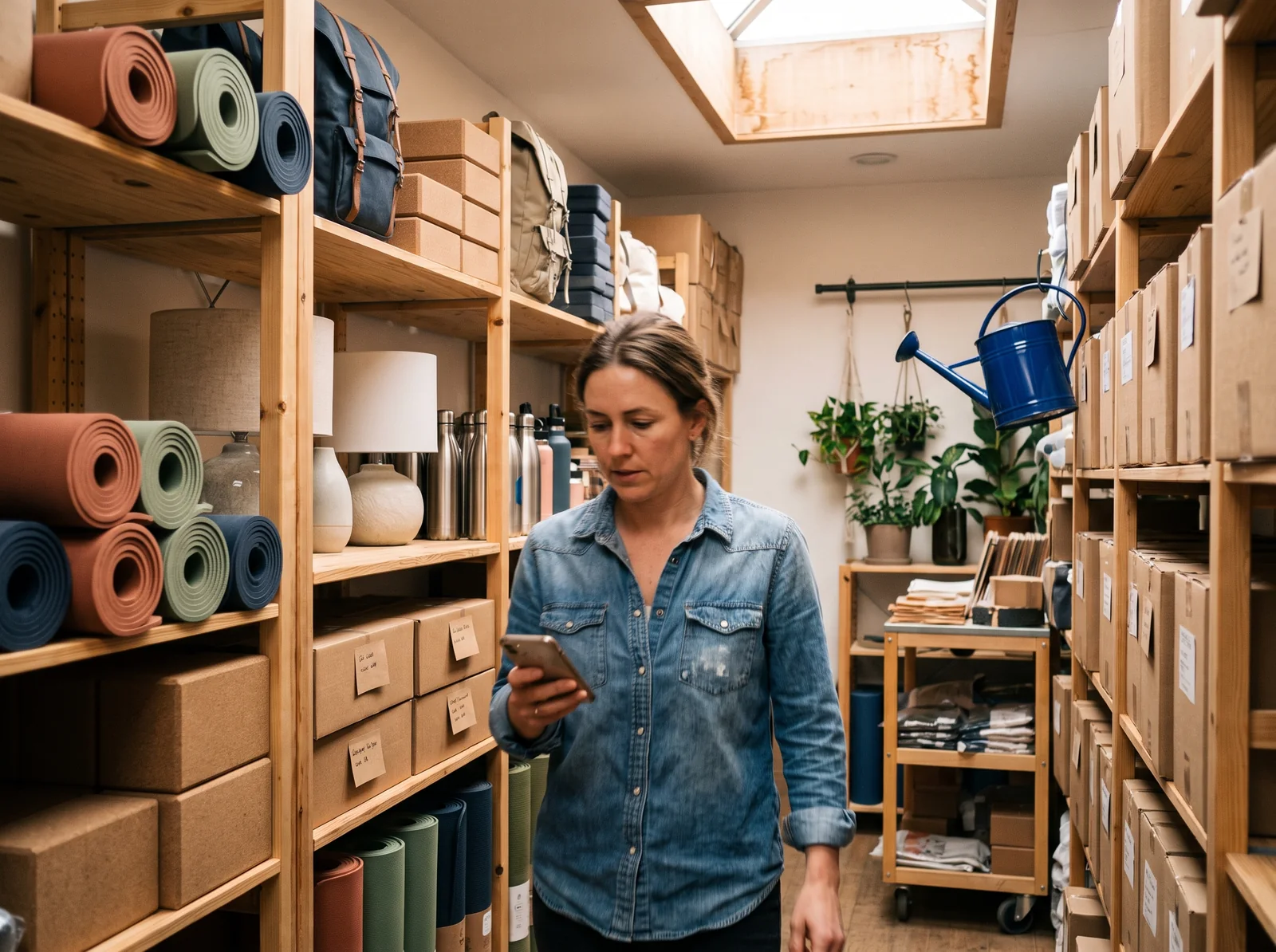 The shop owner walks down an aisle of her stockroom reading her phone, shelves of rolled yoga mats, cork blocks, lamps, backpacks and water bottles beside her