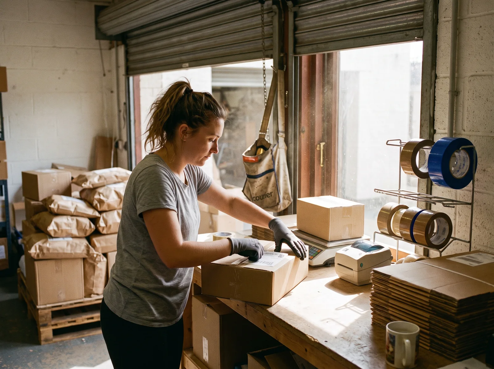 A packer at a warehouse bench presses a shipping label onto a cardboard box, rolls of tape and stacks of flat boxes beside her