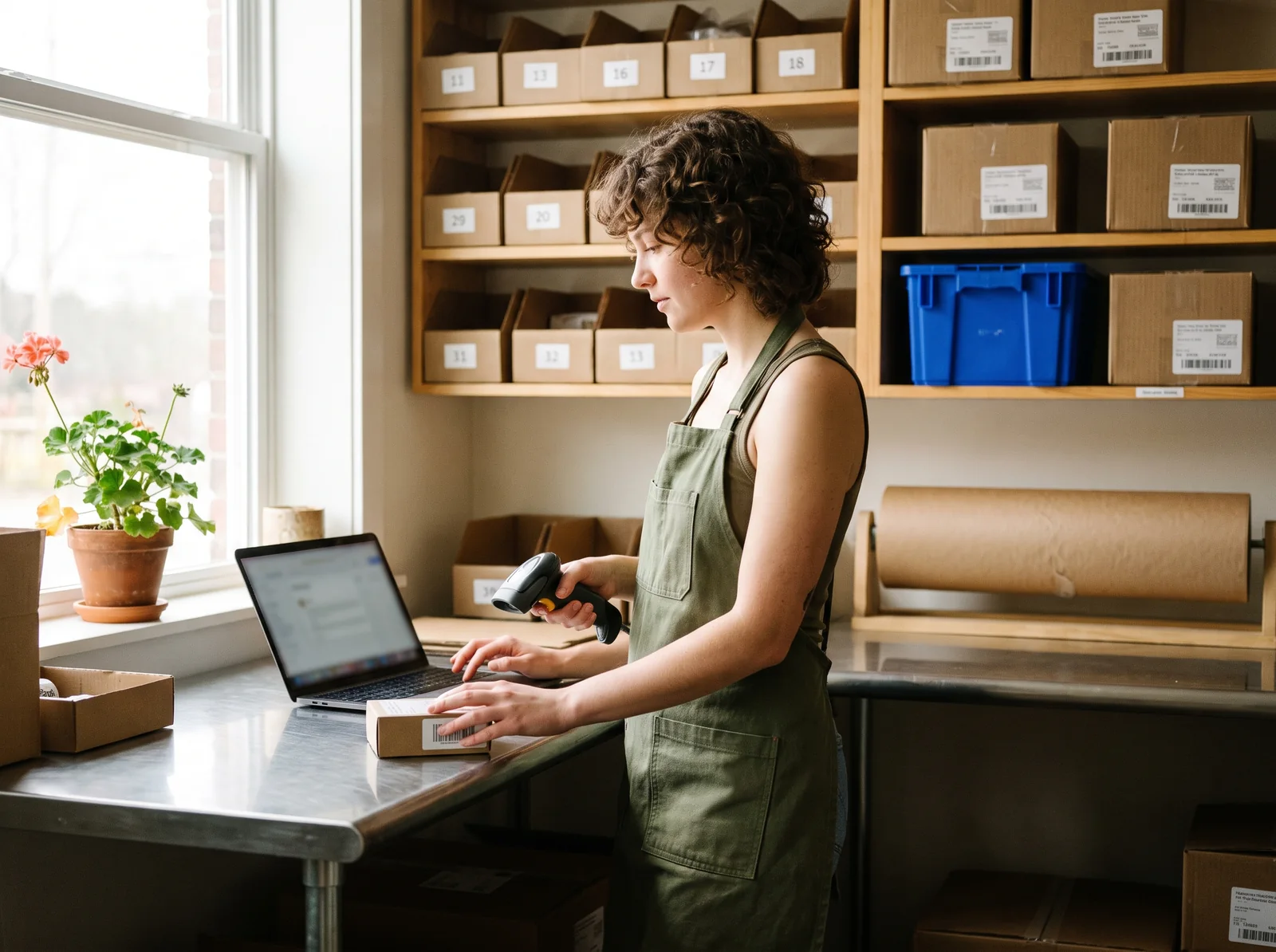 A shop owner in her packing room, scanning the barcode on a product box at a steel table, a laptop open beside her and numbered bins on the shelves behind her