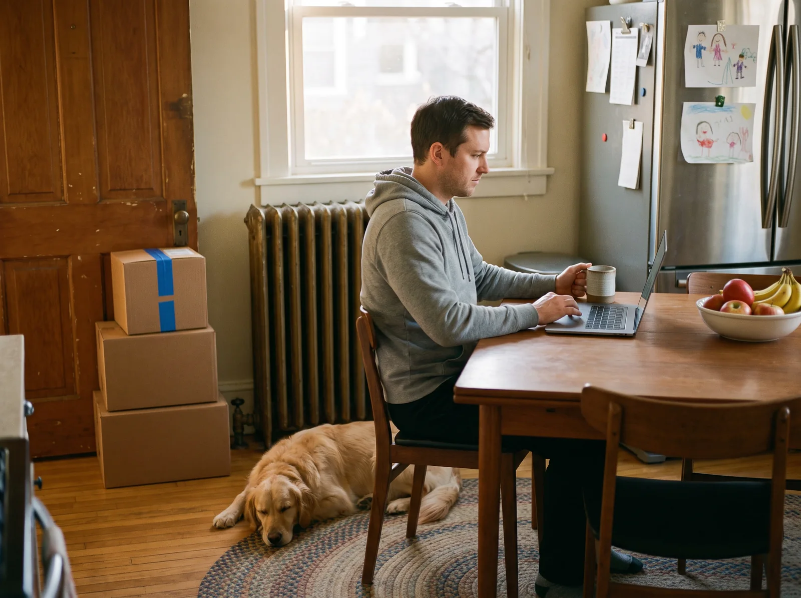 A shop owner at his kitchen table at dawn, a mug of tea in one hand and a laptop in front of him, stacked parcels by the door behind him and his dog asleep on the rug