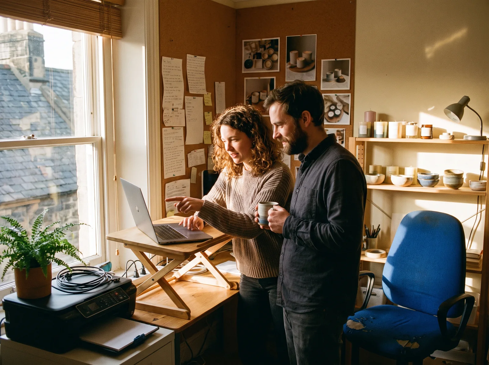 Two colleagues at one laptop in their shop office, she points at a price on the screen and he watches with a mug in his hand
