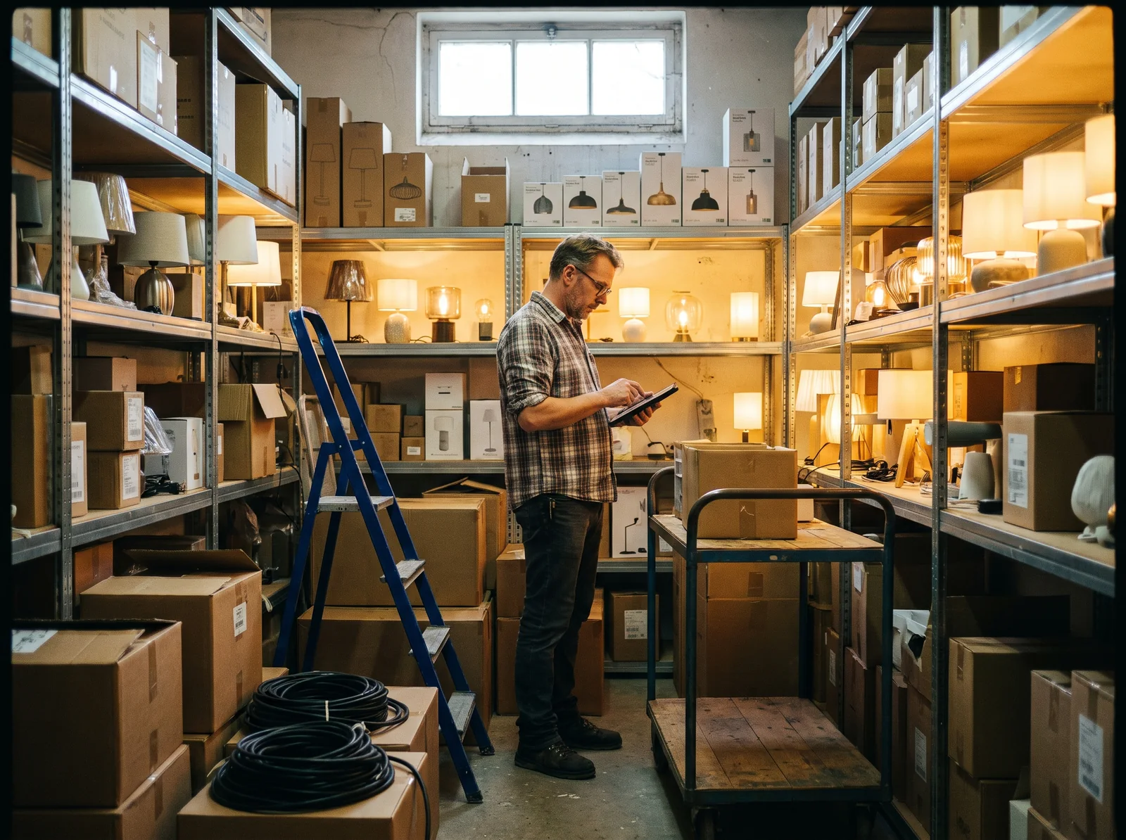 A wholesaler in his lamp warehouse, a tablet in his hands, boxes and lit table lamps on the racks around him