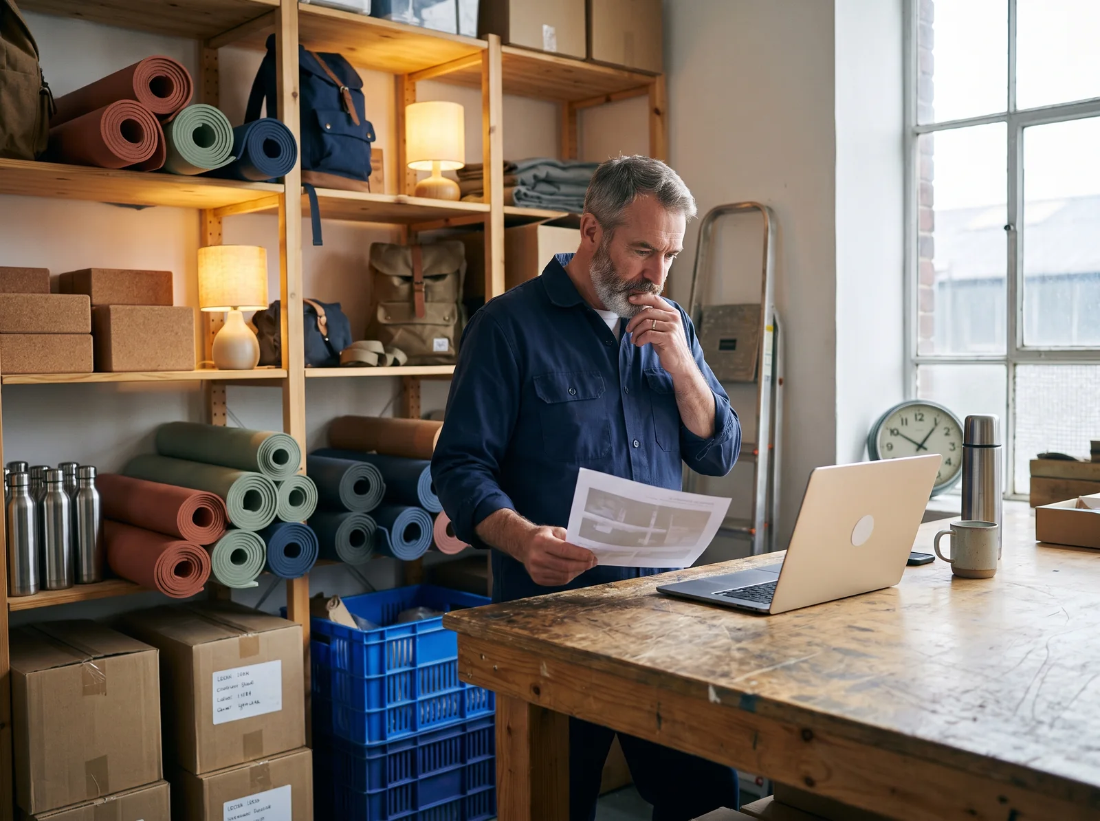 The owner of the example shop in his stockroom, a printed price list in one hand and a laptop open on the workbench, rolled yoga mats, cork blocks, backpacks, lamps and water bottles on the shelves behind him