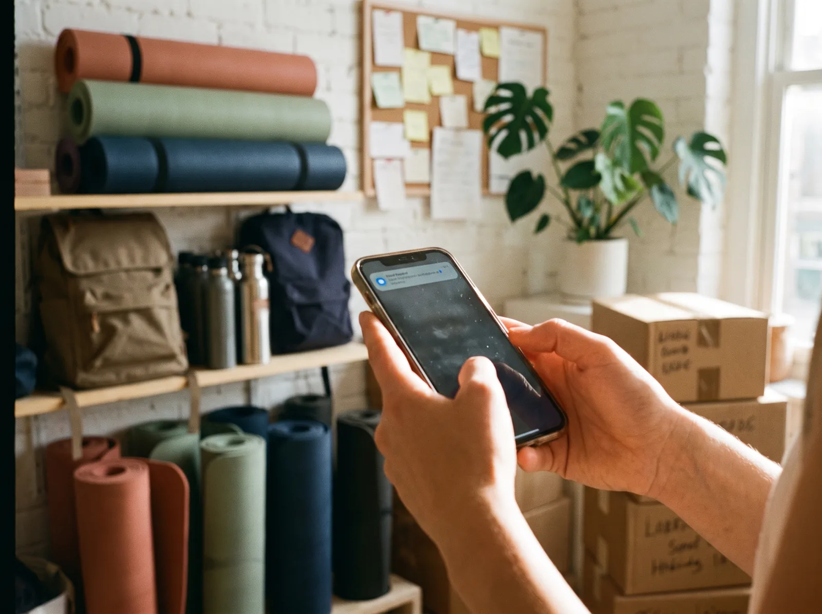 Two hands holding a phone between the shelves of the studio, one alert notification at the top of the screen