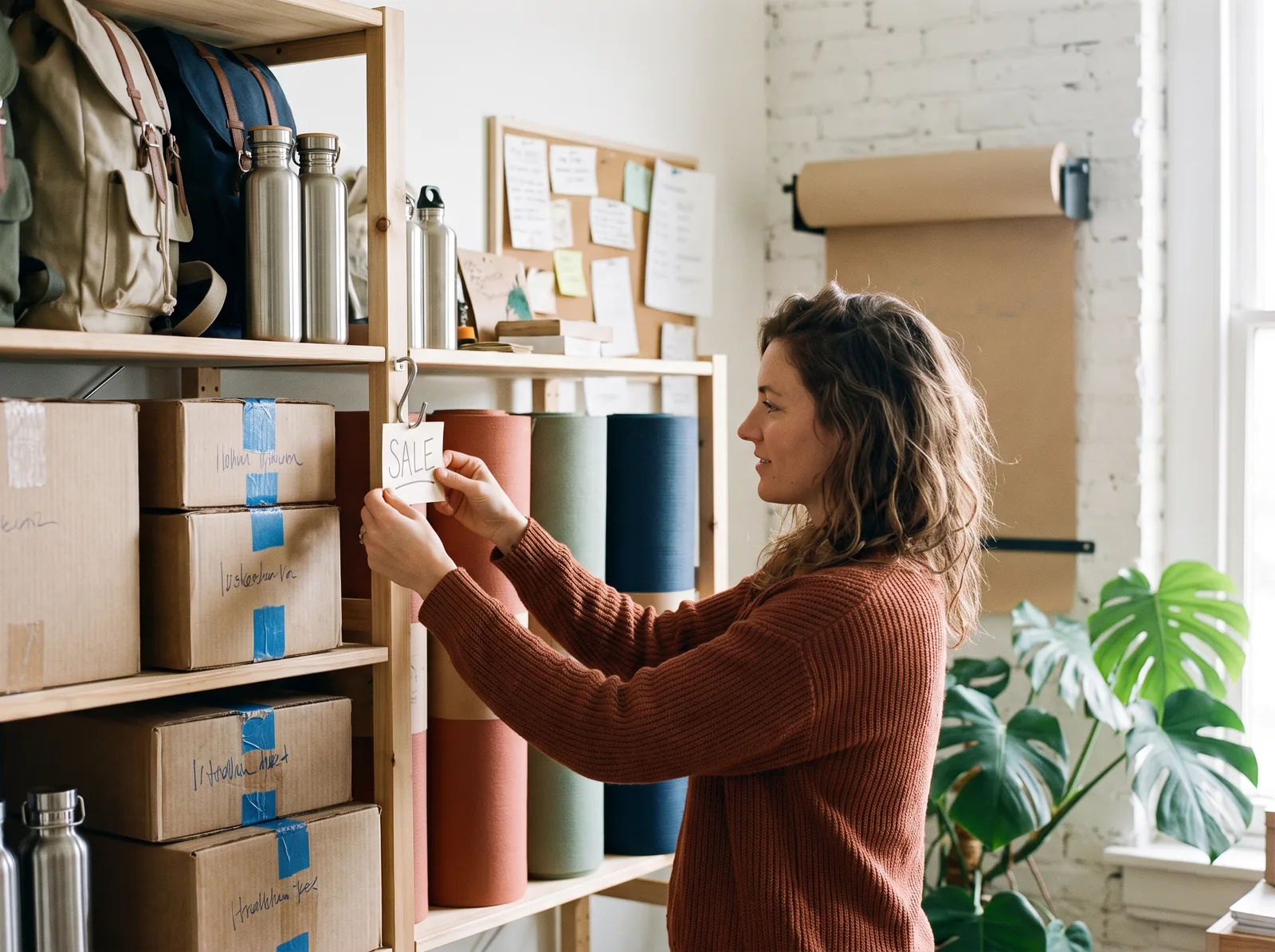 The shop owner hangs a handwritten sale card on a hook next to the rolled yoga mats in her studio