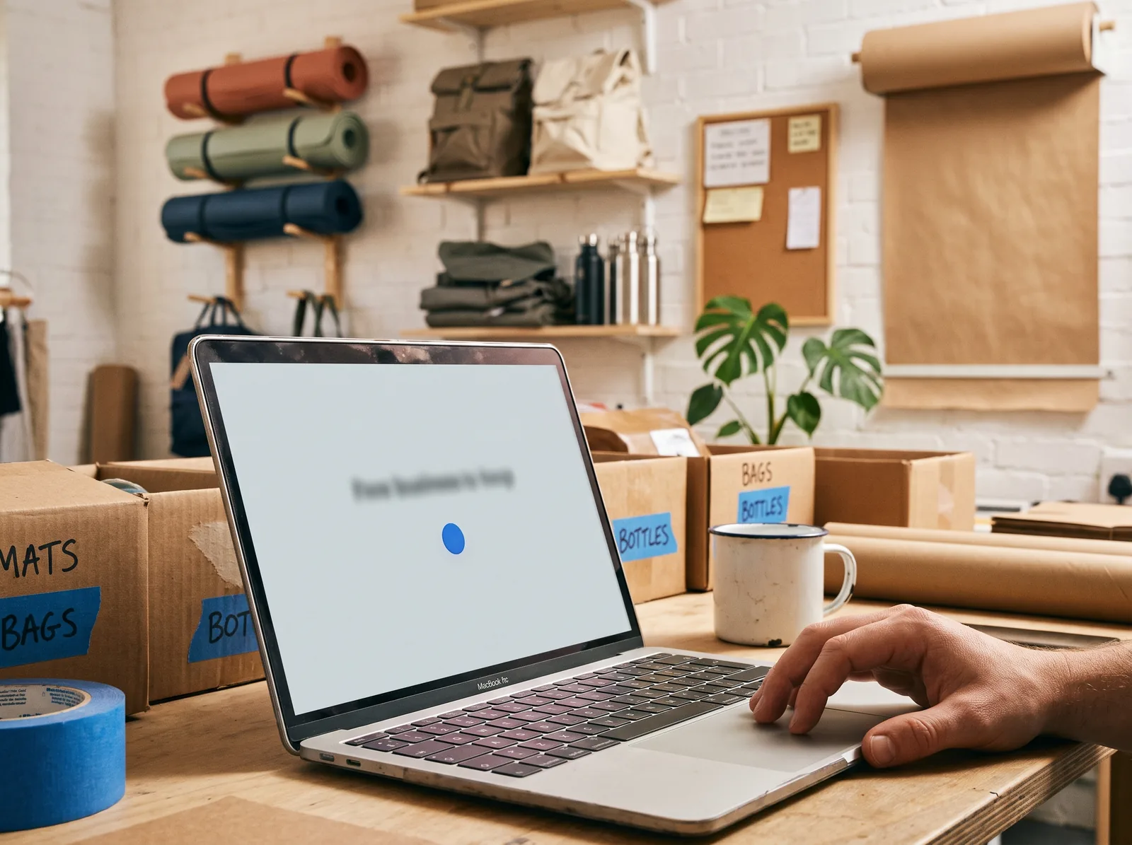 A finger hovering above a laptop trackpad, the screen showing one card with a large number and a blue button
