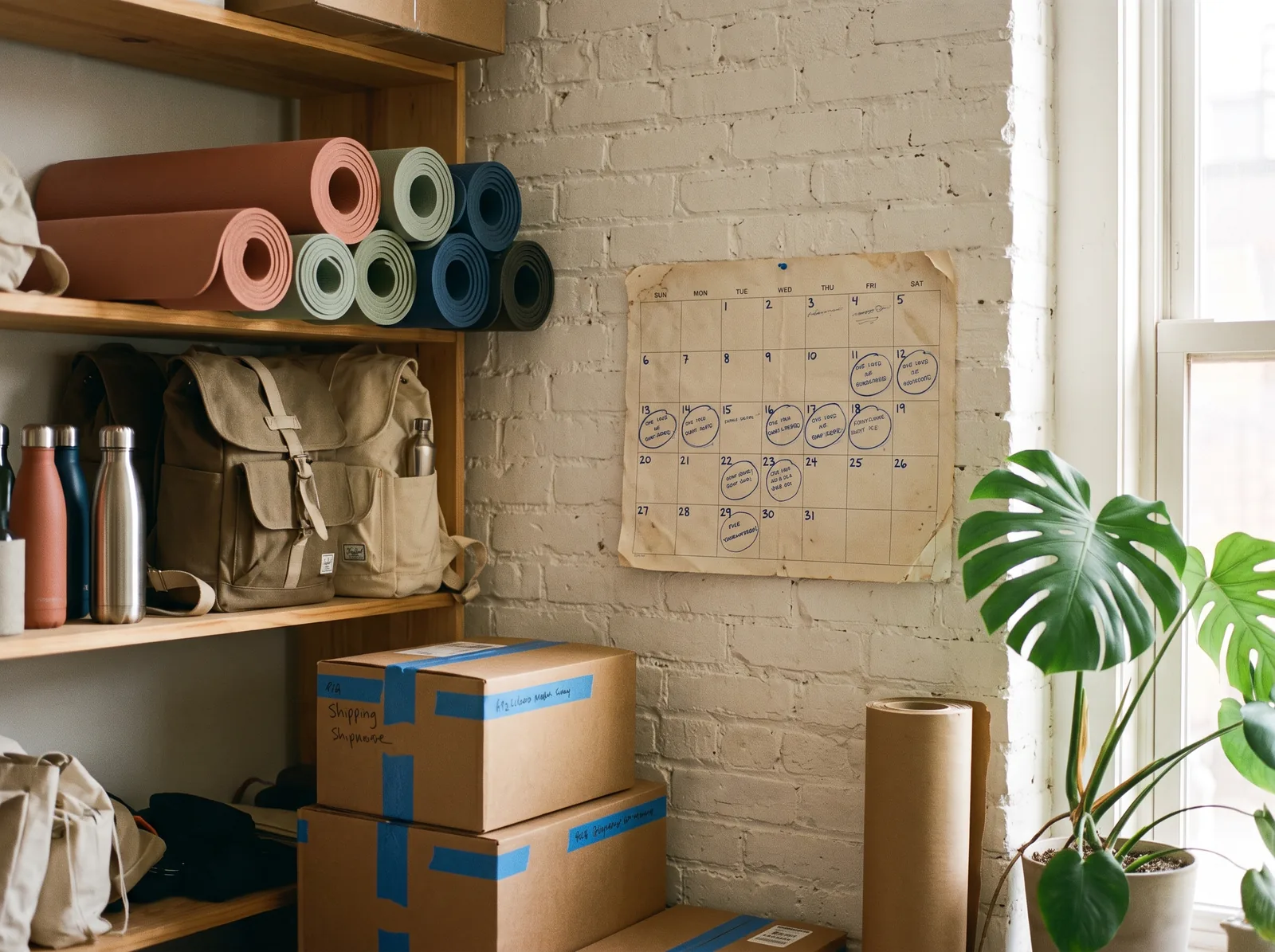 A paper wall calendar on the studio wall with a number written on every day and a few days circled in blue
