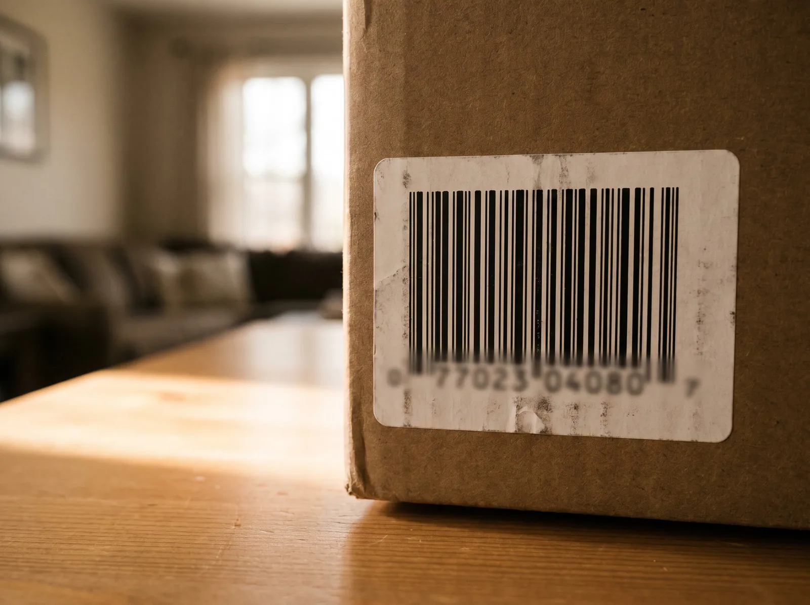 Close-up of a barcode sticker on the side of a cardboard product box