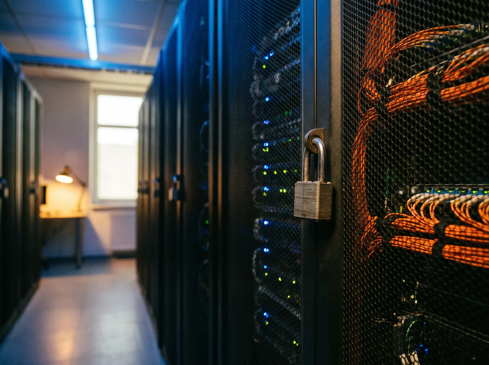 A locked server cage in a data centre, rows of servers with small status lights and bundled orange fibre cables