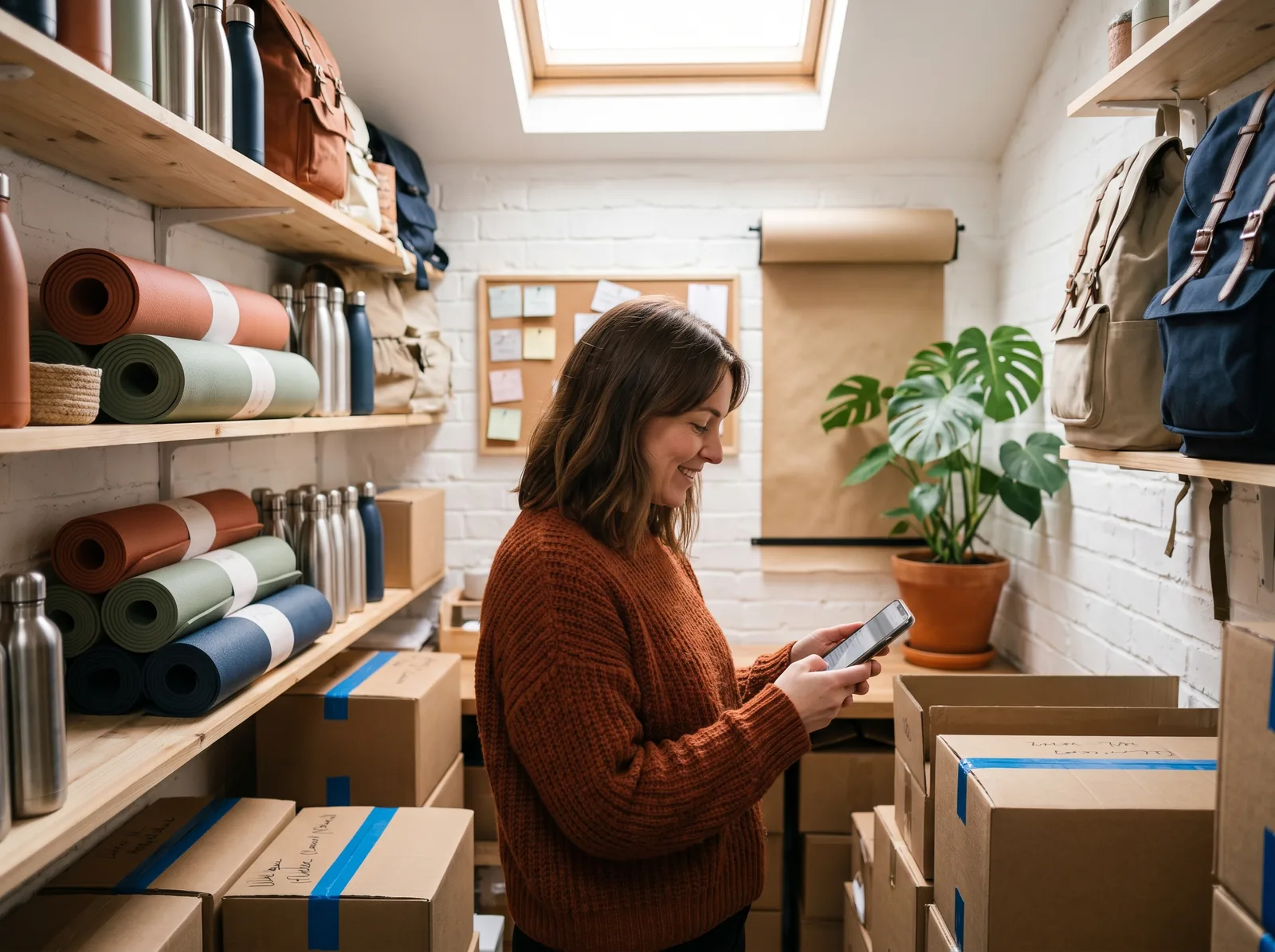 The shop owner in the aisle between the shelves of her studio, glancing at a list on her phone