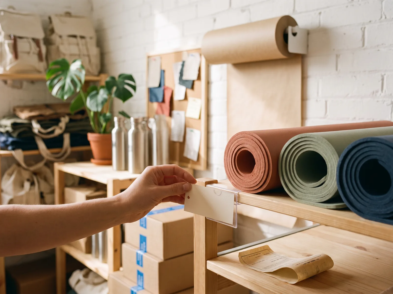 A hand slides a fresh paper price label into the holder on the edge of a wooden shelf