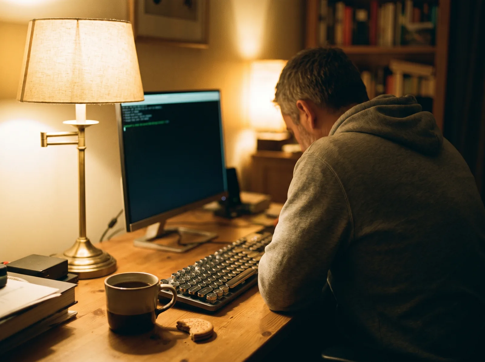 Late evening at a home desk: a monitor with a dark terminal window, a keyboard and a cold mug of coffee