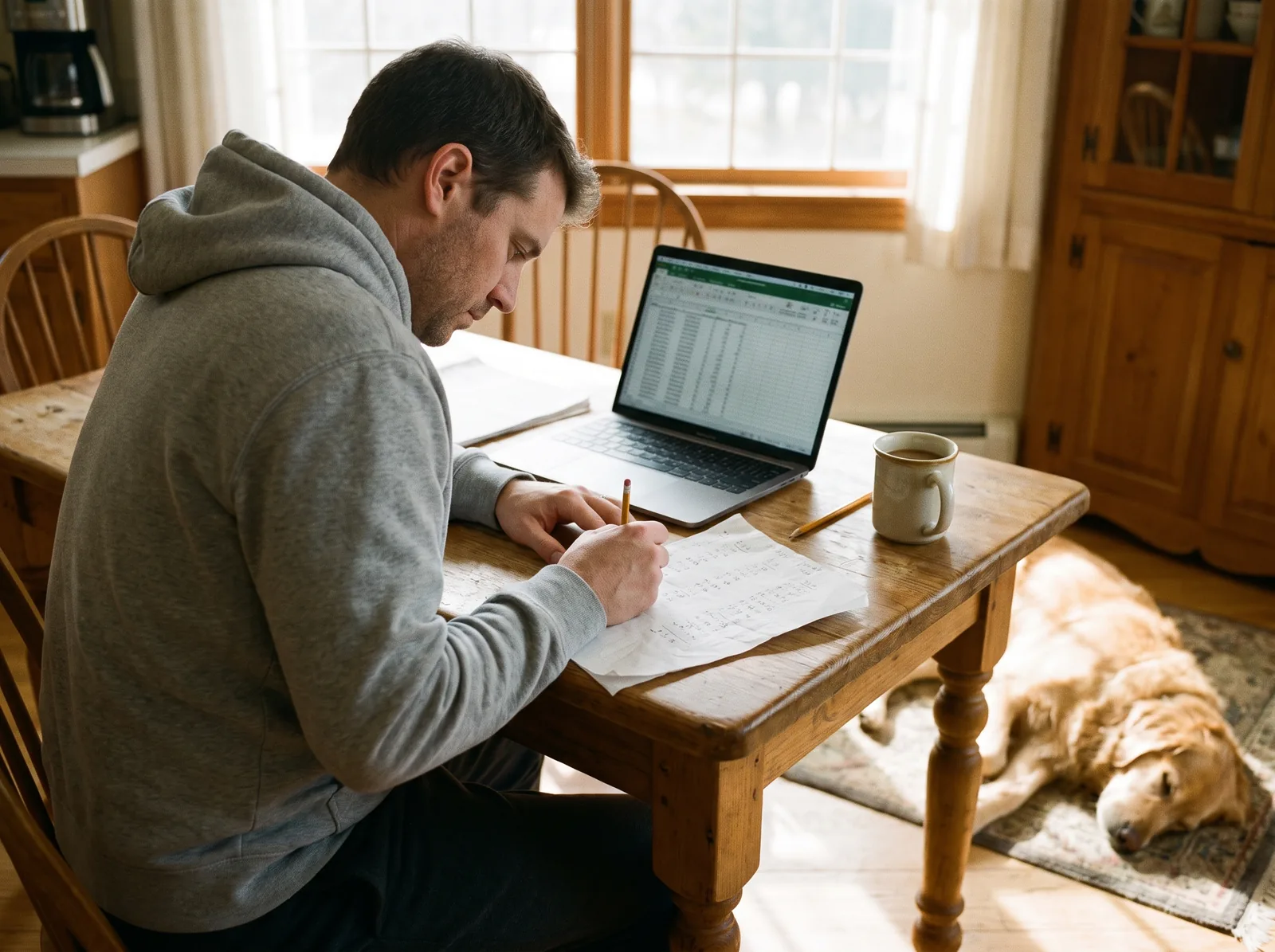 A kitchen table with a laptop showing a spreadsheet, a sheet of handwritten prices, a pencil and a mug of coffee, a dog asleep behind