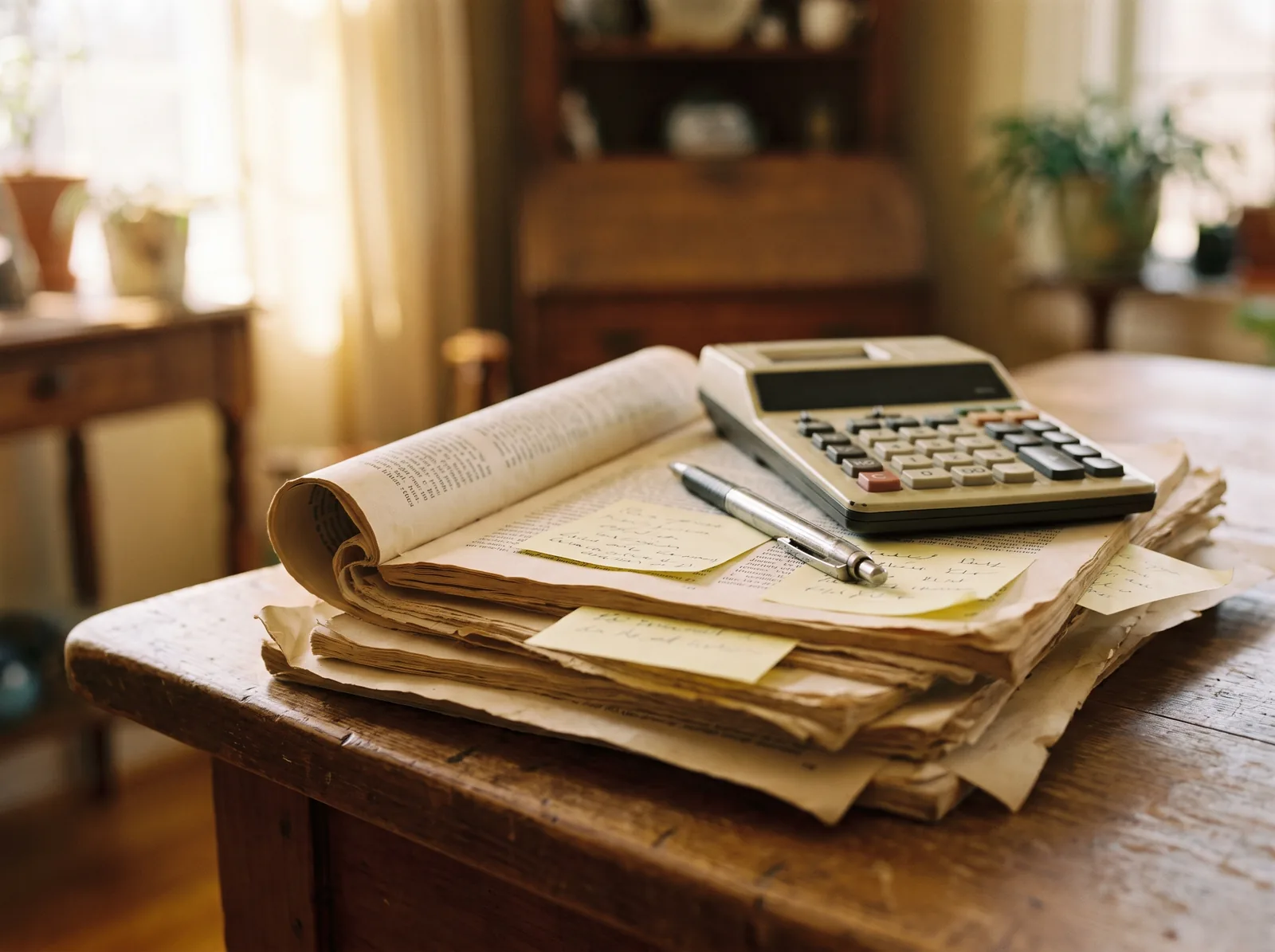 A stack of printed spreadsheet pages covered in yellow sticky notes, a pen and an old calculator on top