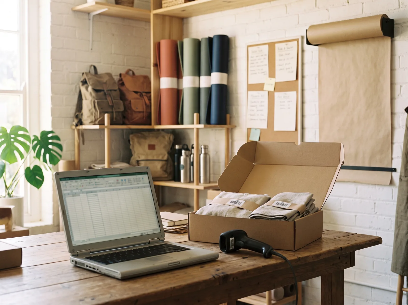 A laptop with a spreadsheet next to an open box of products with barcode stickers and a handheld scanner