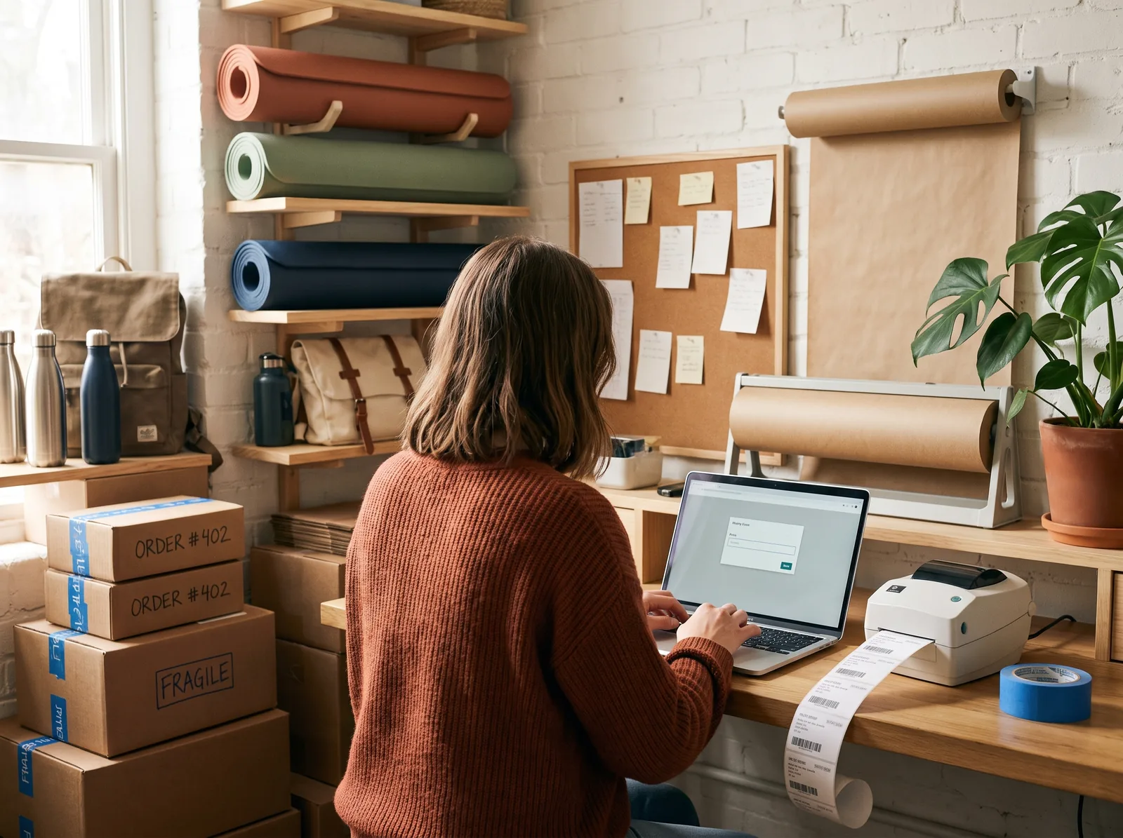 The shop owner types a new price into her shop admin on the laptop, a label printer and a roll of blue tape beside her