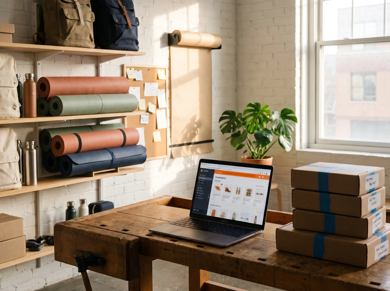 A laptop on the studio workbench showing a shop admin with an orange accent, a product grid with small thumbnails