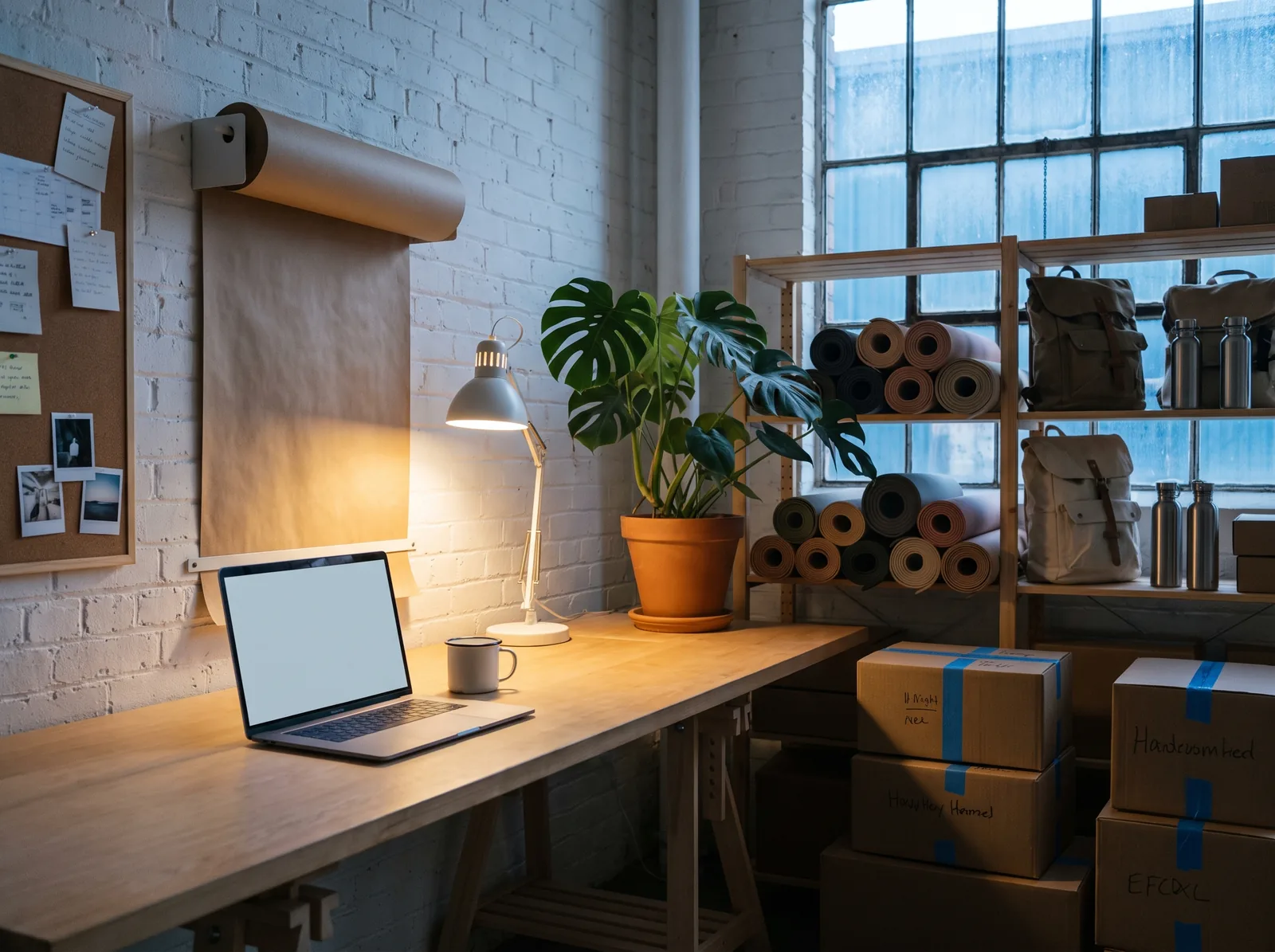 The studio at six in the morning, nobody there yet: a laptop open on the empty workbench, one desk lamp on, blue light in the window