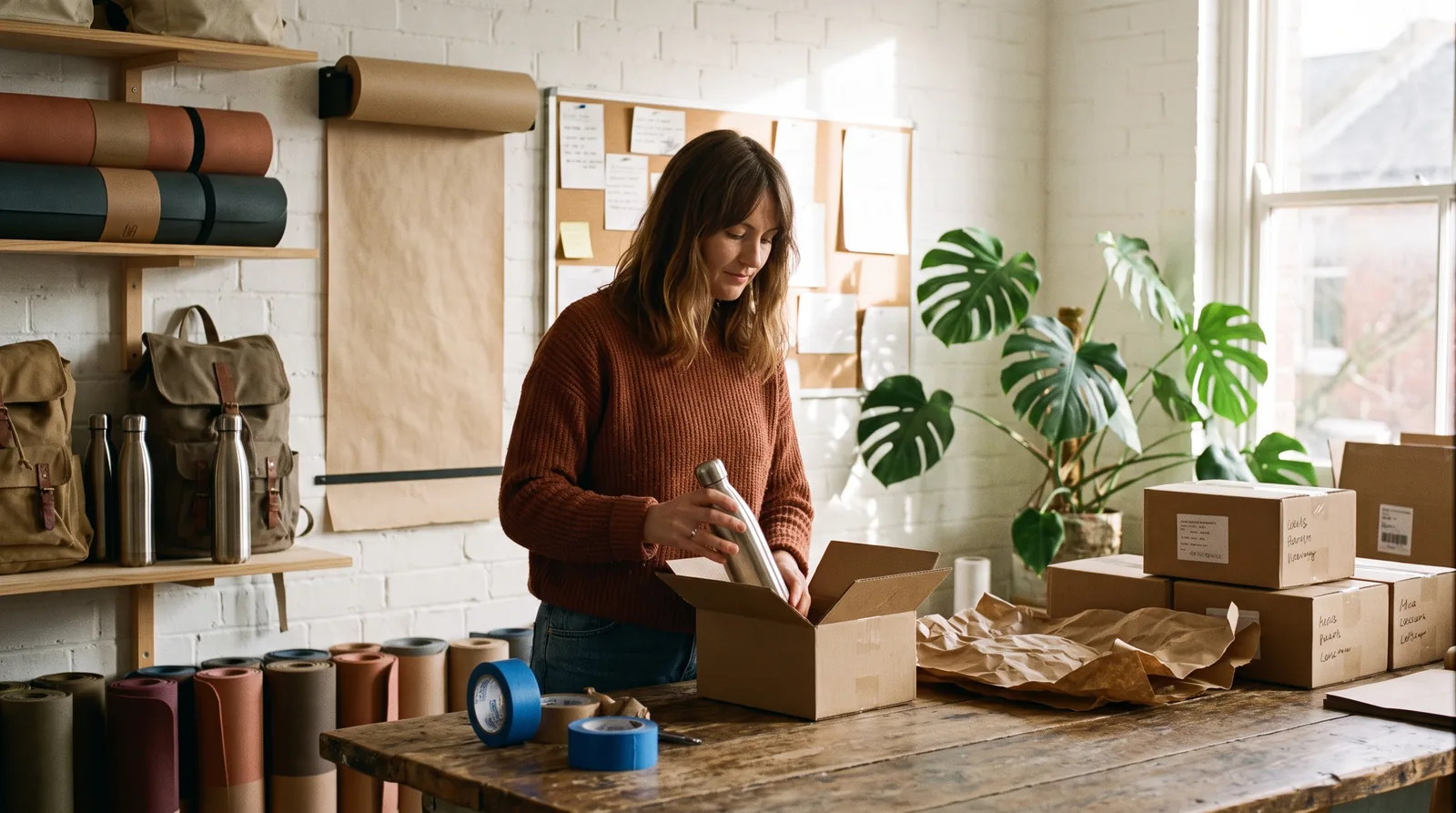 The shop owner packs an order at her workbench: an open box, kraft paper, blue tape and a steel water bottle going in