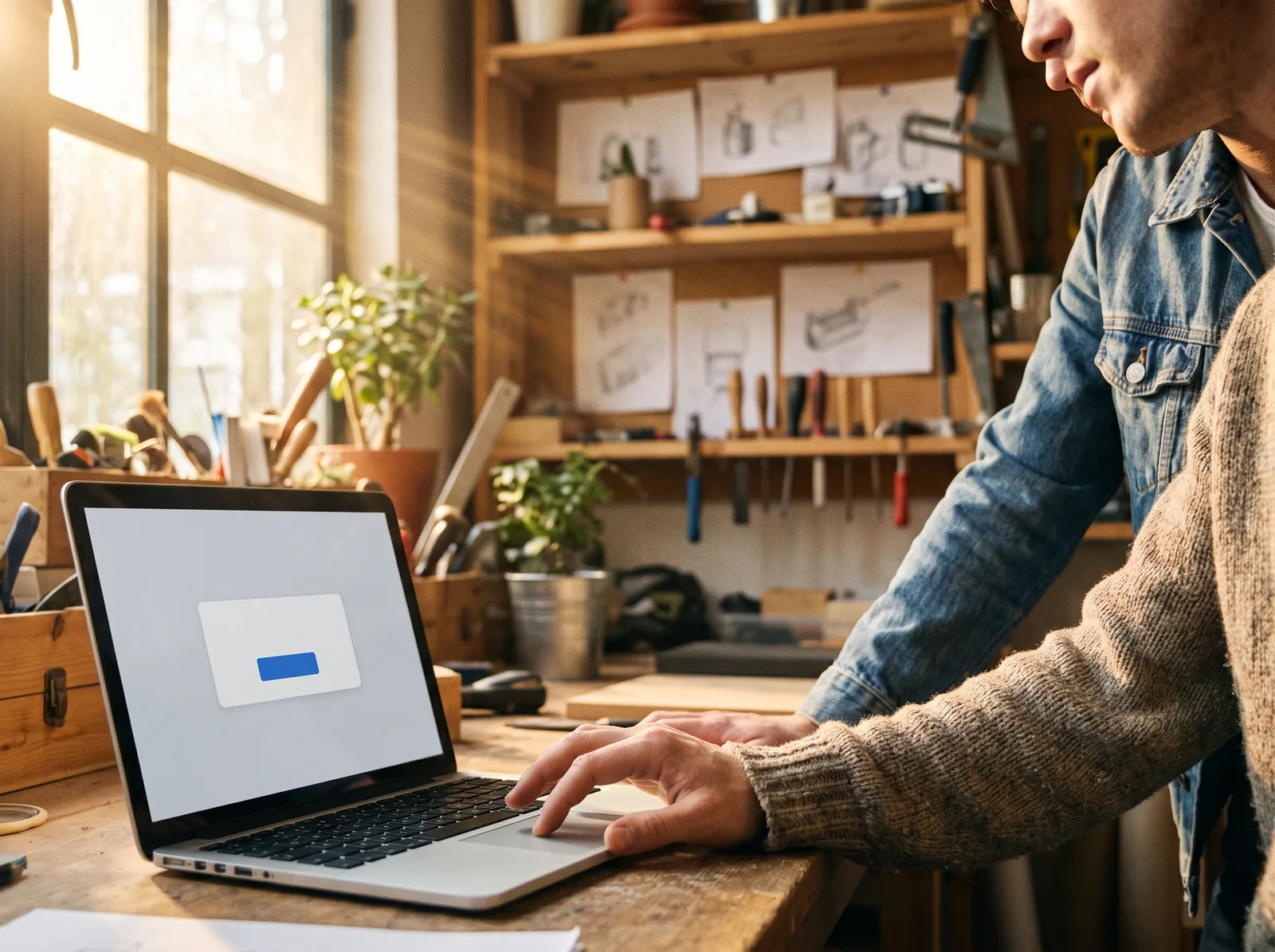 A hand on the trackpad of a laptop showing one proposal card with a blue button, a colleague leaning in to look