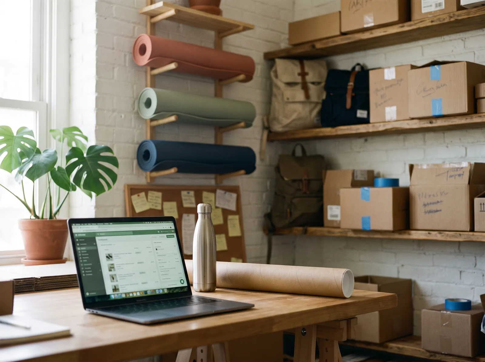 A laptop on the studio workbench showing a shop admin with a green accent, a product list with small thumbnails