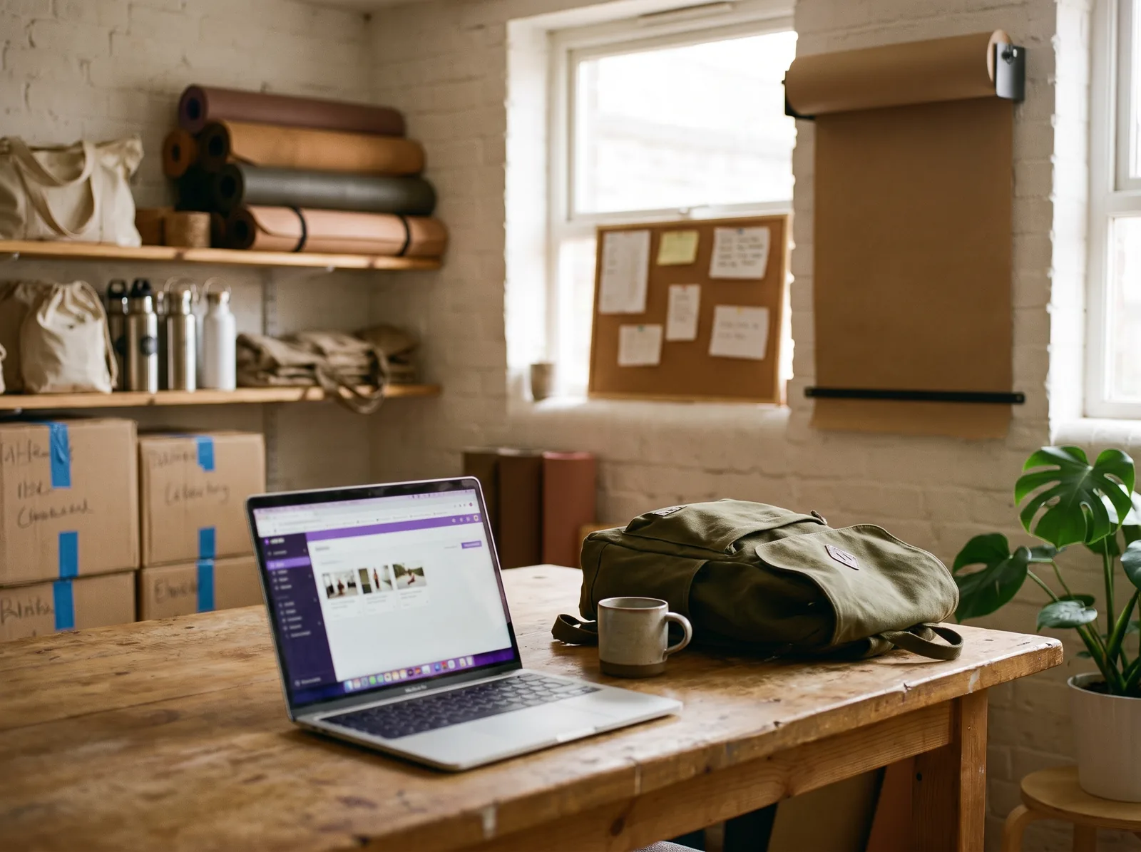 A laptop on the studio workbench showing a shop admin with a purple accent, a product list with small thumbnails