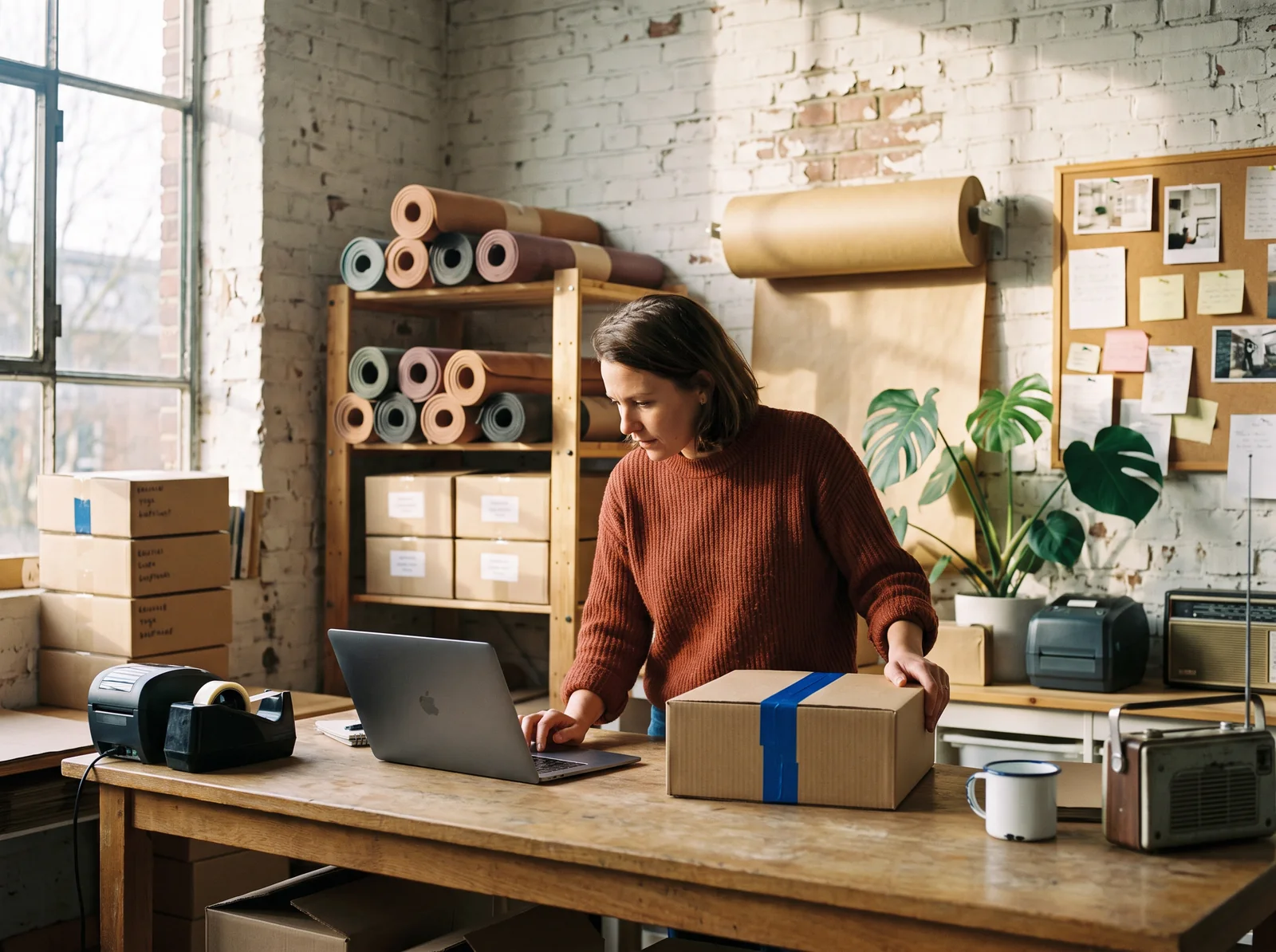 The shop owner with a mug of coffee at her workbench, the pegboard, the yoga mats and the backpacks of her studio behind her