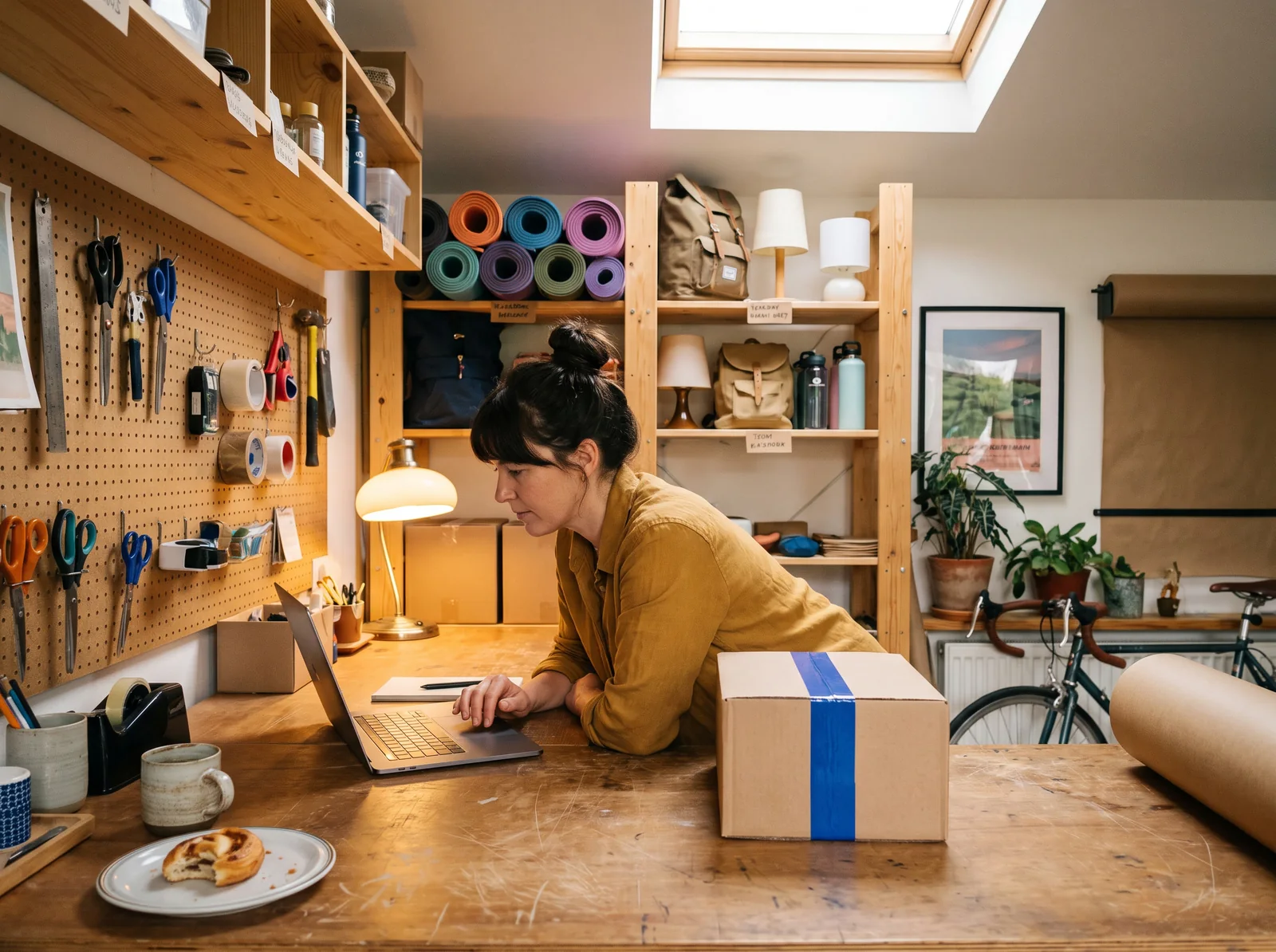 A webshop owner in her studio, laptop open on the workbench, yoga mats and backpacks on the shelves, a box with cobalt tape in front of her